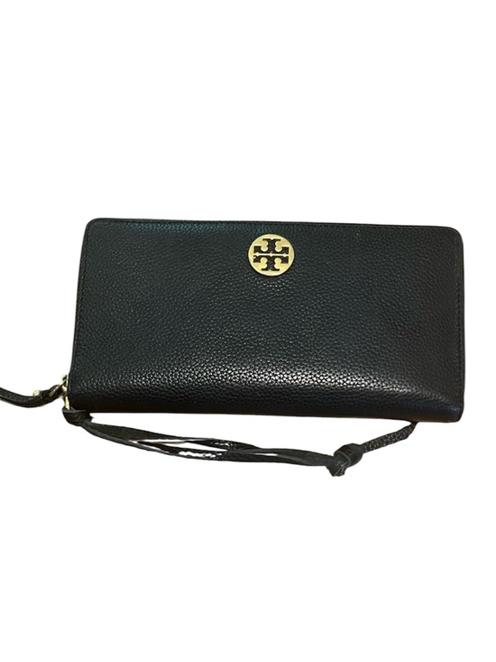 Tory Burch Handbags - Tory Burch Black Pebbled Leather Zip-Around Wristlet with Gold Logo